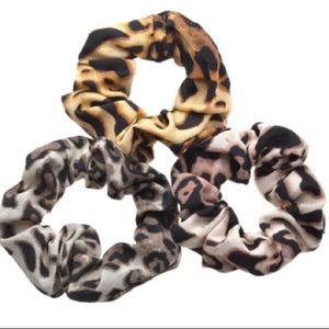 Noir Animal Print Scrunchies Set of 3 Hair Ties Brown Black Leopard - NEW